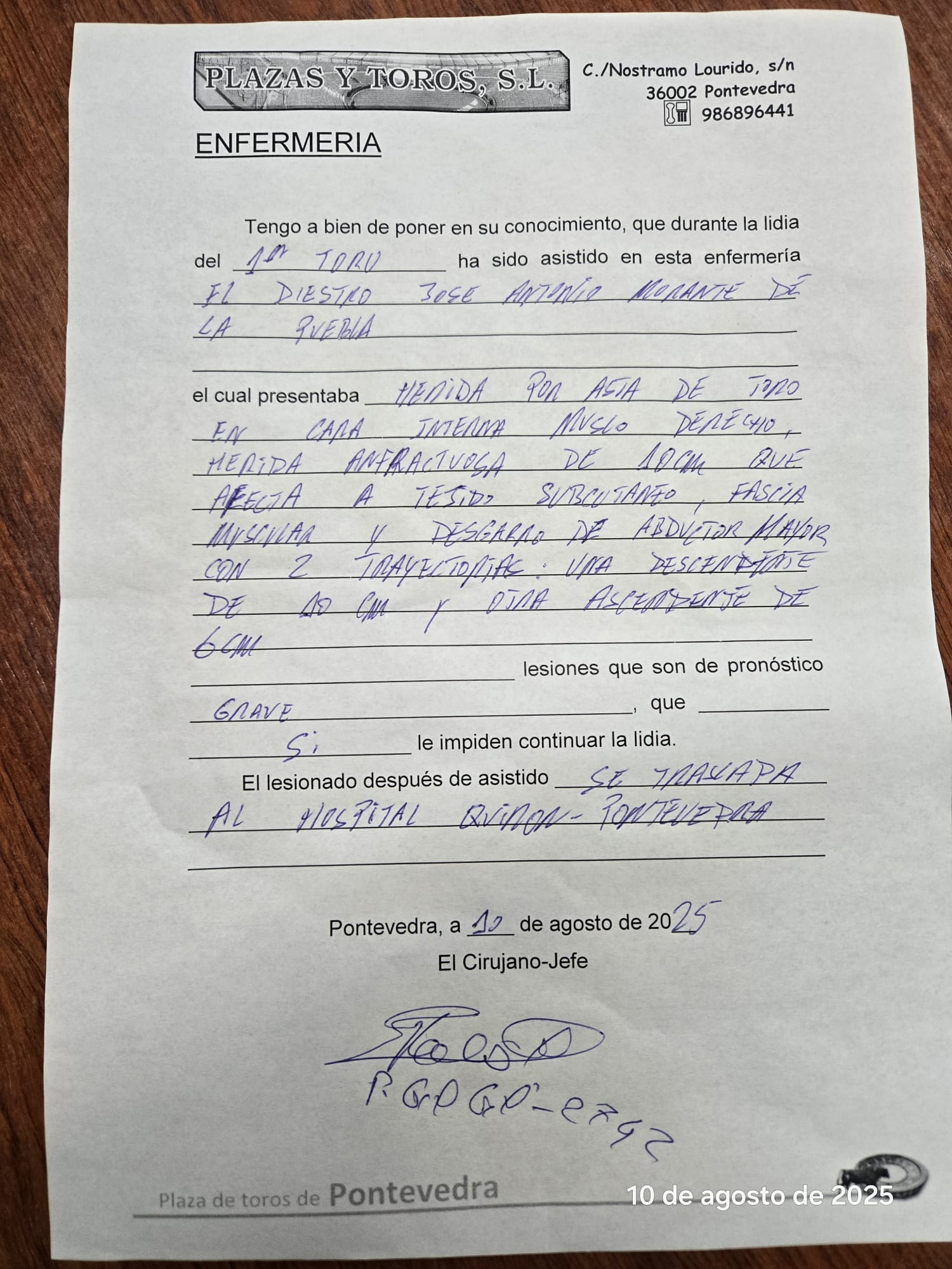 Parte médico de Morante de la Puebla en Pontevedra.