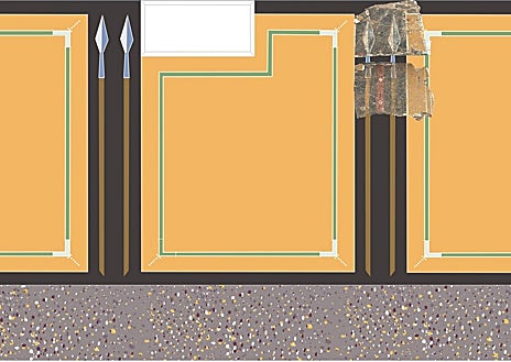 Imagen secundaria 1 - Excavaciones en El Pedernal de Bursao en Borja, esquema de la decoración mural y detalle de un fragmento con lanzas