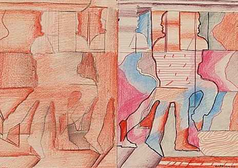 Imagen secundaria 1 - En las imágenes, de arriba abajo, detalle del montaje de la muestra en Carlier Gebauer; obra sin títul ode Gordillo de 1966 y dibujo de Meretu de la misma muestra