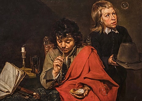 Imagen secundaria 1 - Arriba, 'El triunfo de Baco', c. 1655–59. Kunsthistorisches Museum, Picture Gallery. Sobre estas líneas, a la izquierda, 'Dos niños soplando burbujas', c. 1650–55. Seattle Art Museum A la derecha, 'Los cinco sentidos (Gusto)', 1650. Rose-Marie and Eijk Van Otterloo Collection, Boston