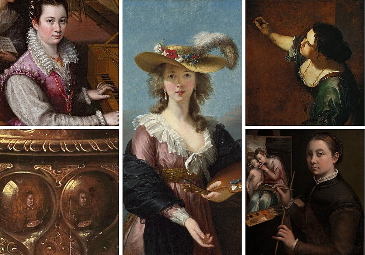 Autorretratos de Lavinia Fontana, Louise-Elisabeth Vigée-Lebrun, Artemisia Gentileschi, Clara Peeters (dos reflejados en una jarra) y Sofonisba Anguissola