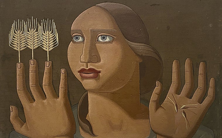 Imagen principal - Arriba, 'Sorpresa del trigo', colección particular. Sobre estas líneas, a la izquierda, 'Máscaras. Naranja y limón', colección particular, Santiago de Compostela. A la derecha, 'Naturaleza viva' del Malba, Buenos Aires