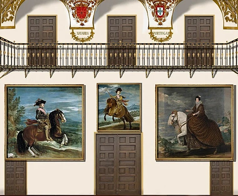 Recreaciones del testero de entrada (sureste) del Salón de Reinos después de la ampliación de los retratos de los reyes