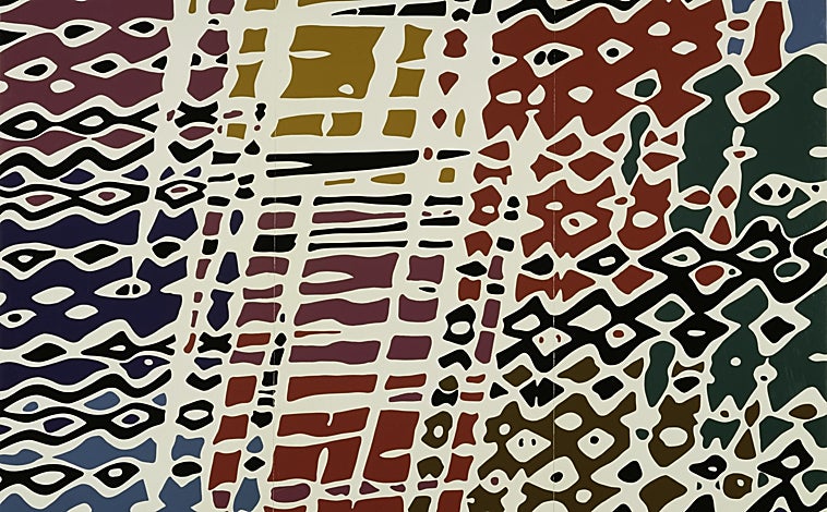 Imagen principal - Arriba, 'Filme abstracto', 1952-1976, de Raymond Hains. Centro Pompidou, París. Sobre estas líneas, a la izquierda, 'Mujer tocando el laúd', 1910, de August Macke. Centro Pompidou, París. Detalle. A la derecha, 'Margarita con gato negro', 1910, de Matisse. Centro Pompidou, París