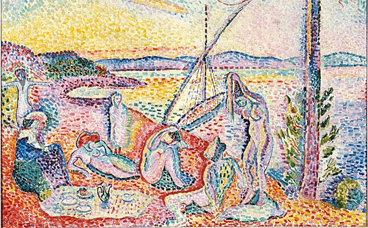 Imagen principal - Arriba, 'Lujo, calma y voluptuosidad', de Matisse, otoño-invierno de 1904. Centro Pompidou, París. Sobre estas líneas, a la izquierda, 'Naturaleza muerta con bogavante', 1909-1910. de Natalia Goncharova. Centro Pompidou, París. A la derecha, 'Figura decorativa sobre fondo ornamental', de Matisse, invierno de 1925-1926. Centro Pompidou, París