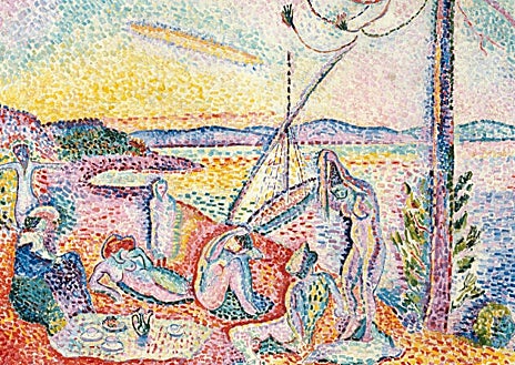 Imagen secundaria 1 - Arriba, varias de las obras presentes a la exposición (en primer plano, 'Figura decorativa sobre fondo ornamental', de Matisse). Sobre estas líneas, a la izquierda, 'Lujo, calma y voluptuosidad', de Matisse, otoño-invierno de 1904. Centro Pompidou, París. A la derecha, 'Puerta-ventana en Colliure', 1914, de Matisse. Centro Pompidou, París