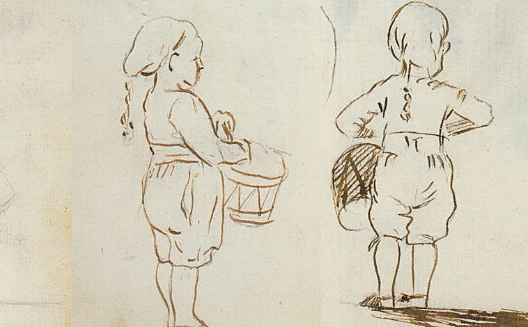 Imagen principal - De arriba a abajo y de izquierda a derecha, apuntes cotidianos en sus álbumes, que fueron salvados por su hijo. 'Perro semihundido' y 'La Inmaculada Concepción'