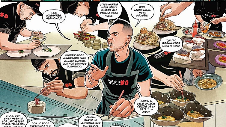 Dabiz Muñoz, emplatado en cómic y convertido en un Tintín con cresta que viaja en el tiempo