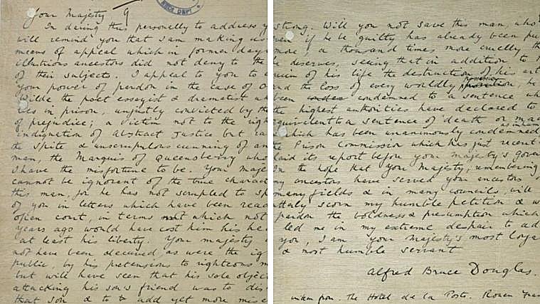 Fragmento de uma carta que Lord Alfred Douglas, amante de Oscar Wilde, escreveu à Rainha Vitória pedindo-lhe que exercesse o seu 