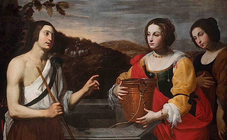 Imagen principal - En las imágenes, de arriba abajo, 'Eliezer y Rebecca en el pozo', de Diana Di Rosa;  'Plato de cerezas', de Giovanna Garzoni; y 'Virgen con el Niño, San Francisco y el Comitente', de Lavinia Fontana