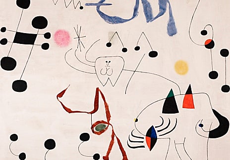 Imagen secundaria 1 - En las imágenes, 'Sin título (Seis puntos blancos)', de Calder; 'L'Étoile matinale. La estrella matinal' (1960) y 'Llama en el espacio y mujer desnuda' (1932), ambas de Miró