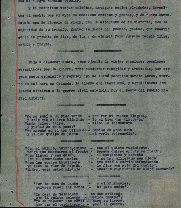 Coplas de Rafael Alberti sobre la defensa de Madrid