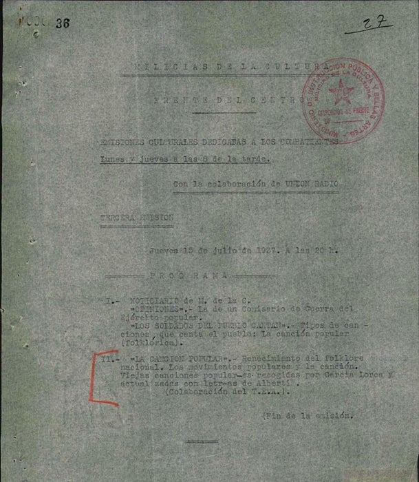 Documento de las Milicias de la Cultura que atribuyeron a Alberti las canciones