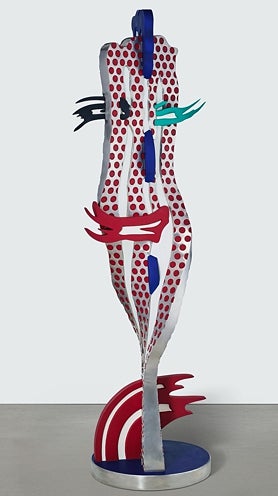 Imagen secundaria 2 - En las imágenes, 'Superposición' (1971), de Juan Genovés; 'Cerdito teatrero' (2023), de Luis Gordillo; y 'Metallic Brushstroke Head (1992), de Roy Lichtenstein