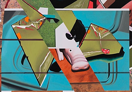 Imagen secundaria 1 - En las imágenes, 'Superposición' (1971), de Juan Genovés; 'Cerdito teatrero' (2023), de Luis Gordillo; y 'Metallic Brushstroke Head (1992), de Roy Lichtenstein