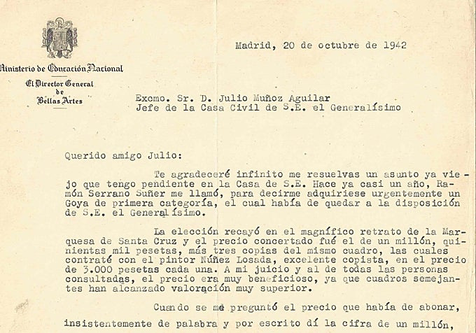 Rastro'da bulunan mektubun bir parçası; buna göre Franco'nun Goya'nın portresi için 1,5 milyon peseta ödediği, ancak tablonun üç kopyası için 9.000 peseta borcu olduğu belirtiliyor