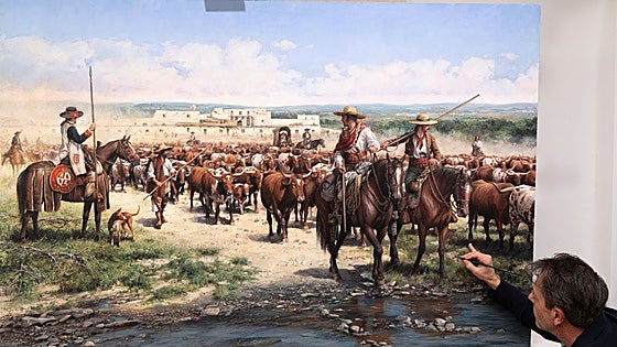 El pintor Augusto Ferrer-Dalmau pintando su obra