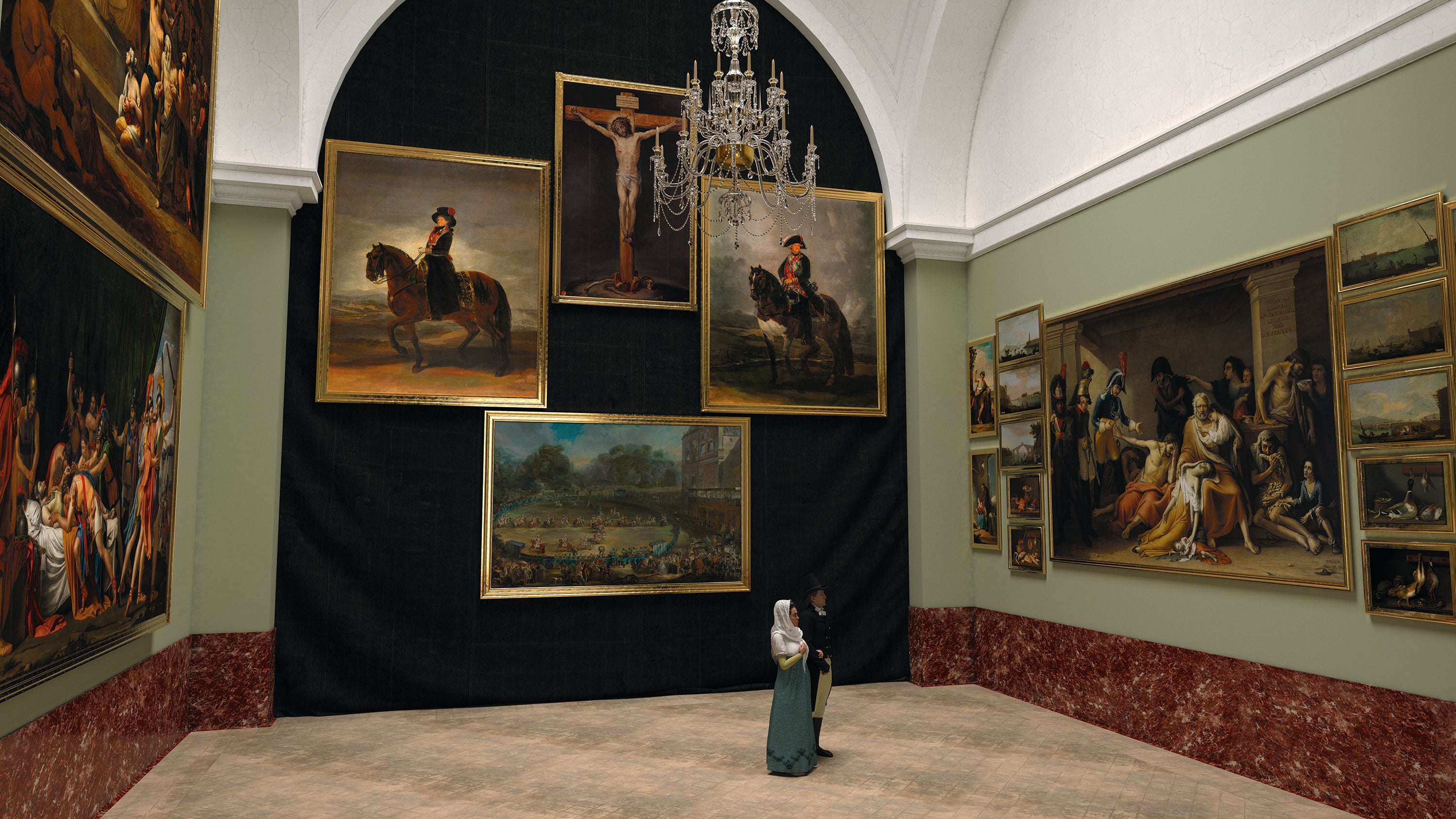 Görüntünün sağında Aparicio'nun tablosuyla Prado'nun 'üçüncü odasının' 1819'da yeniden canlandırılması.