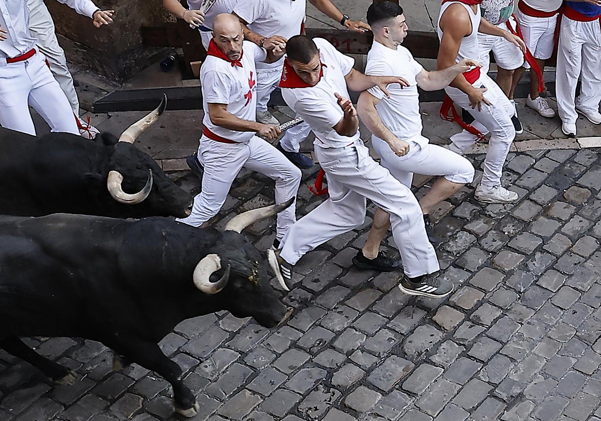 Dos bravos de la ganadería Jandilla durante el octavo encierro de los Sanfermines 2026