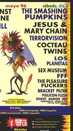 Imagen secundaria 2 - Arriba: la formación original de The Smashing Pumpkins. Sobre estas líneas a la izquierda: Billy Corgan, durante un concierto de 2012. A la derecha: detalle del cartel del Festimad en 1996