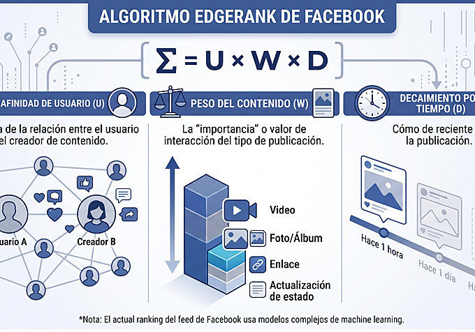 Ecuación original de Facebook que dictó las dinámicas de interacción social en la red, ponderando la afinidad entre usuarios, el peso del formato y el decaimiento por tiempo