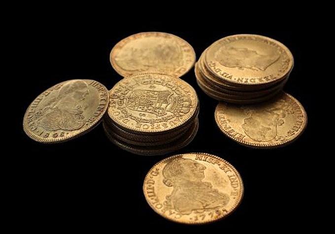 Monedas del tesoro de Villanueva de la Serena que se exponían en el Museo de Badajoz.
