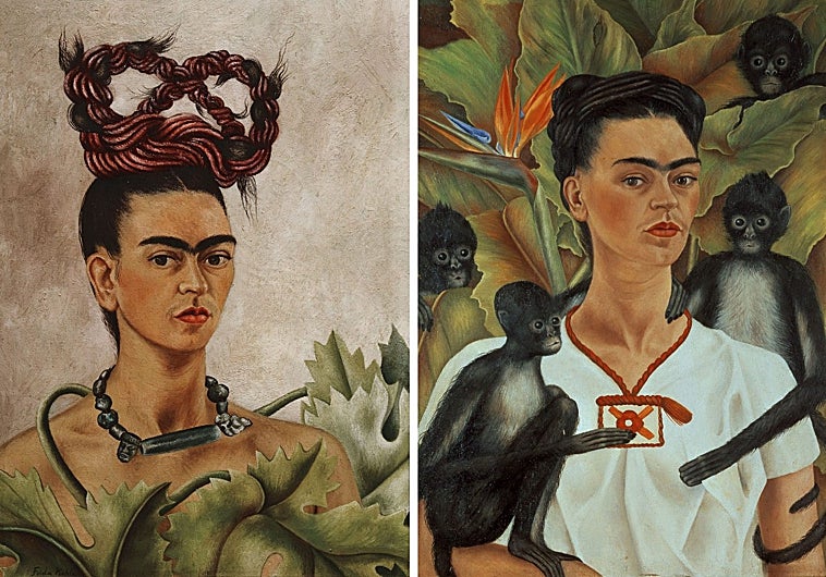 Imagen principal - Colección Gelman. Arriba, dos autorretratos de Frida Kahlo: 'Autorretrato con trenza' y 'Autorretrato con monos'. Sobre estas líneas, a la izquierda, 'Retrato de Natasha Gelman', de Diego Rivera. A la derecha, 'Retrato de Cantinflas', de Rufino Tamayo.