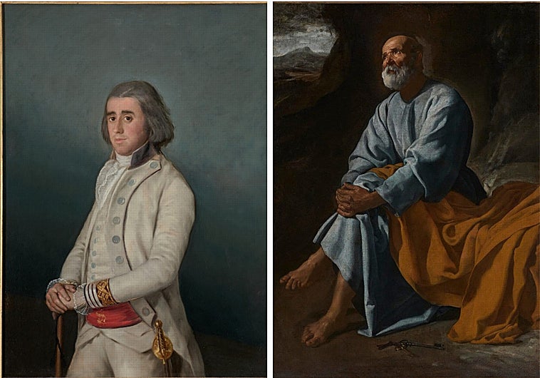 Imagen principal -  Colección Banco Santander. Arriba, 'Valentín Belvís de Moncada y Pizarro', de Goya, y 'Las lágrimas de San Pedro', de Velázquez. Sobre estas líneas, a la izquierda, 'Sansón y el león', de Rubens. A la derecha, 'La Anunciación', de El Greco. 