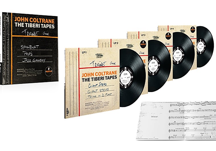 Imagen principal - Arriba, el contenido de las 'Tiberi Tapes' y el magnetófono Concertone TR-100 Transicorde usado por Frank Tiberi para grabar los conciertos de Coltrane. Abajo, la caja recopilatoria 'John Coltrane 1960–1964 6CD Box Set'