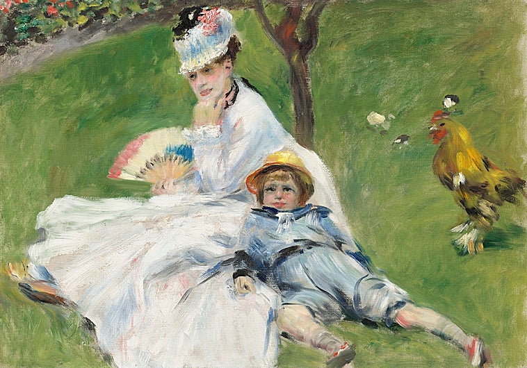 Imagen principal - Tres obras de Renoir. Arriba, 'La señora Monet y su hijo' (1874). Sobre estas líneas, a la izquierda, 'En el Milliner's' (1878). Detalle. A la derecha, 'Las hijas de Paul Durand-Ruel, Marie-Thérèse y Jeanne' (1882).