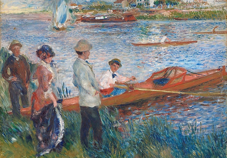 Imagen principal - Tres obras de Renoir. Arriba, 'Remeros en Chatou' (1879). Sobre estas líneas, a la izquierda, 'El columpio' (1876). Detalle. A la derecha, 'Baile en Bougival' (1883).