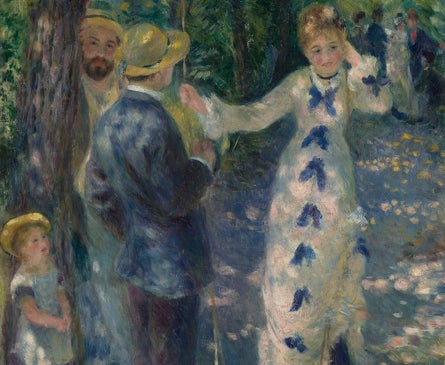 Imagen secundaria 1 - Tres obras de Renoir. Arriba, 'Remeros en Chatou' (1879). Sobre estas líneas, a la izquierda, 'El columpio' (1876). Detalle. A la derecha, 'Baile en Bougival' (1883).