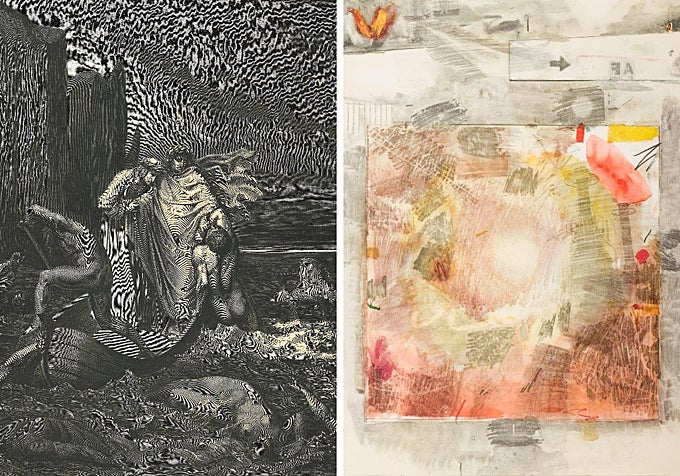 A la izquierda, 'La Estigia', de Gustave Doré. 'Canto VIII'. A la derecha, Robert Rauschenberg. 'Canto VIII'.