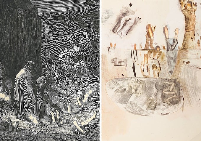 A la izquierda, 'Los simoníacos', de Gustave Doré. 'Canto XIX'. A la derecha, 'Los simoniacos', de Robert Rauschenberg. 'Canto XIX'.