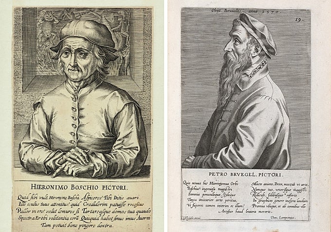 A la izquierda, retrato del Bosco. Artista desconocido. A la derecha, retrato de Bruegel el viejo. Grabado de Johannes Wierix.
