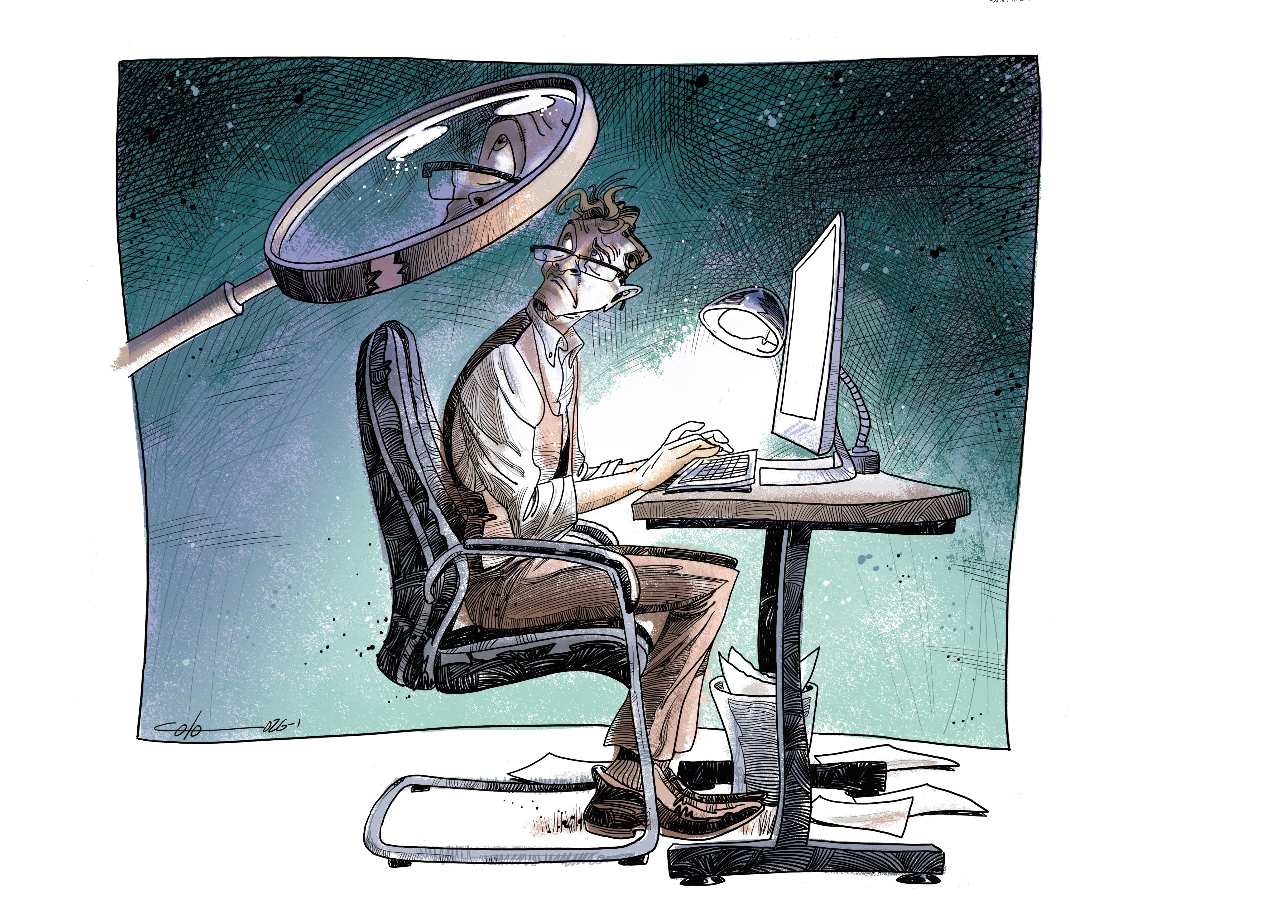 Un escritor intentando escribir bajo sospecha