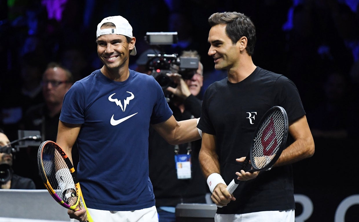 Rafa Nadal y Roger Federer en el entrenamiento previo al inicio de la Laver Cup