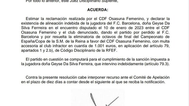 Documento que confirma la eliminación del F.C. Barcelona