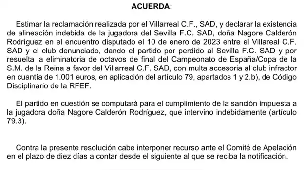 Documento que confirma la eliminación del Sevilla