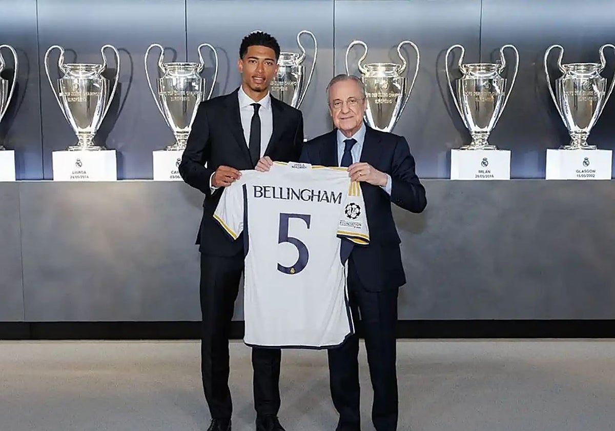 Bellingham y Florentino Pérez en la presentación del inglés como futbolista del Real Madrid