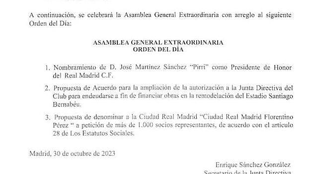 El orden del día de la Asamblea del Real Madrid en el que se hace referencia a la propuesta