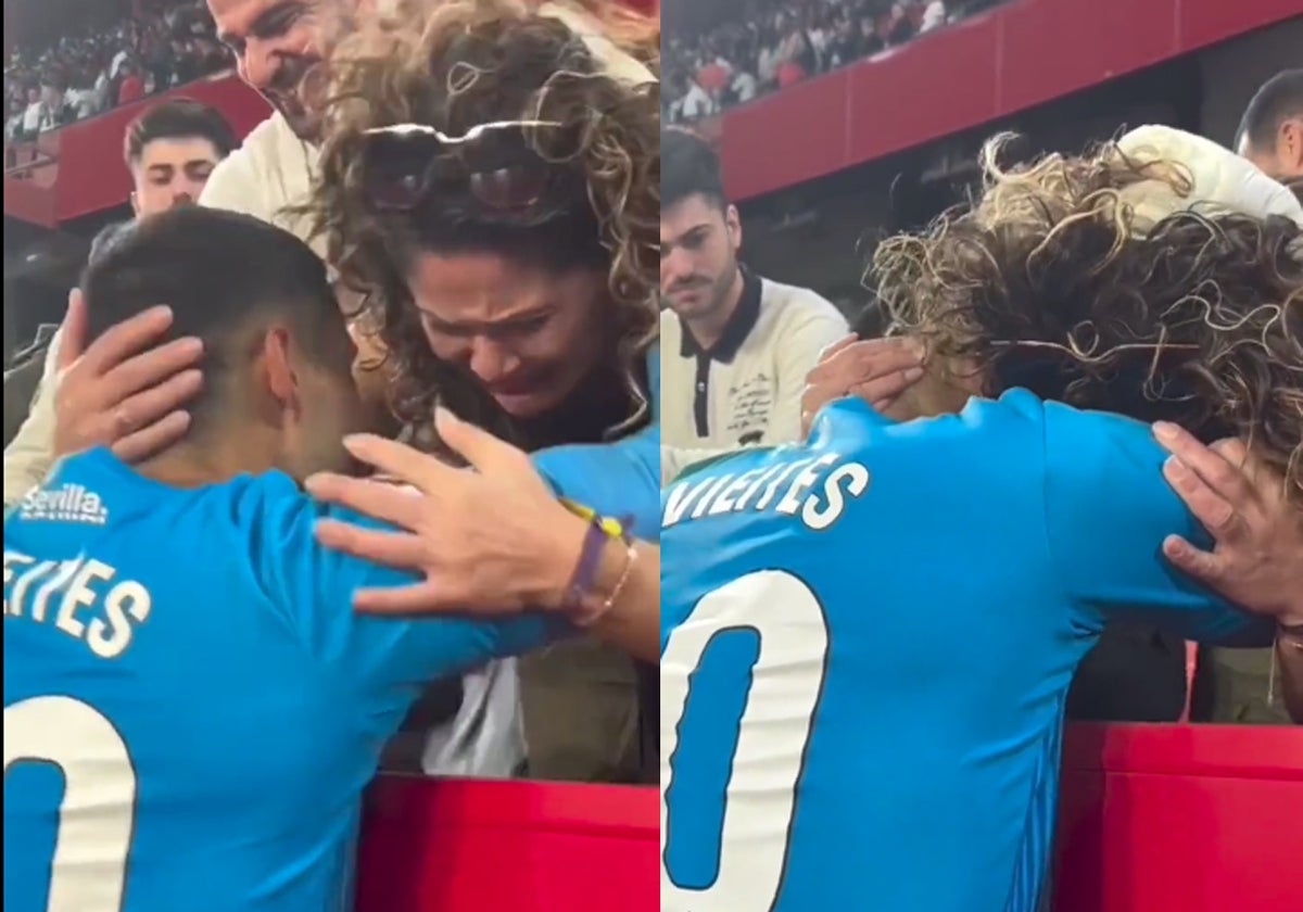 Fran Vieites se abraza con su madre, emocionada, tras el derbi Sevilla - Betis