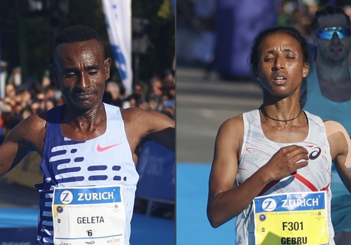 Deresa Geleta y Azmeru Gebru, en su llegada a la meta del Zurich Maratón de Sevilla