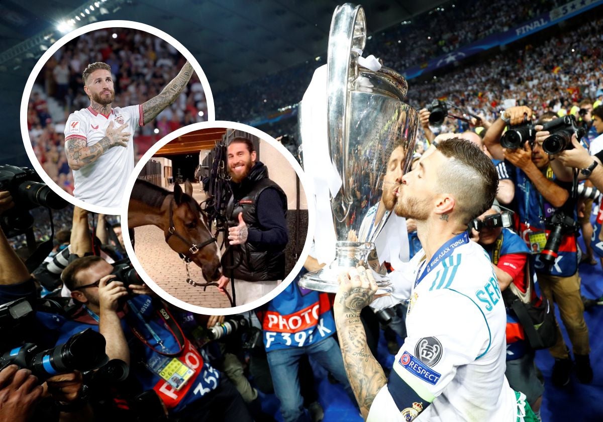 Sergio Ramos besa la 13º Champions del Real Madrid. Arriba, durante su presentación con el Sevilla y junto a su semental, Yucatán