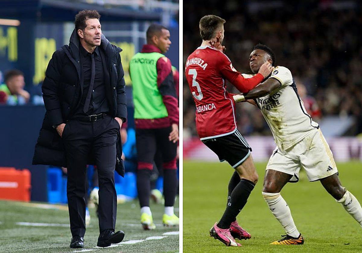 Simeone, el sábado en Cádiz. Vinicius empuja a Mingueza este domingo en el Bernabéu