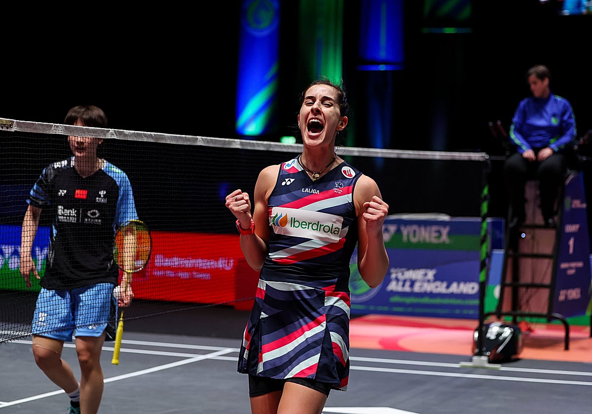 Carolina Marín celebra el pase a la final del All England Open
