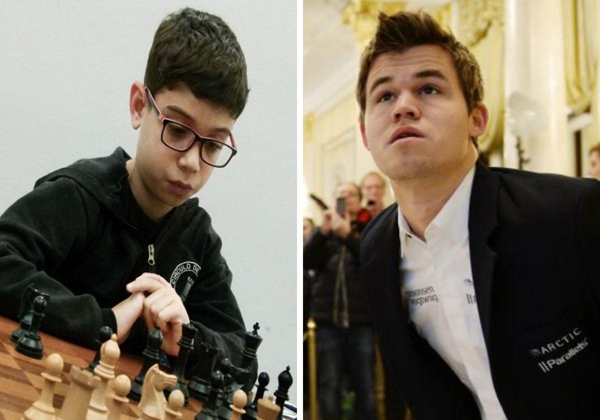 Faustino Oro (izq.) y Magnus Carlsen (dcha.)