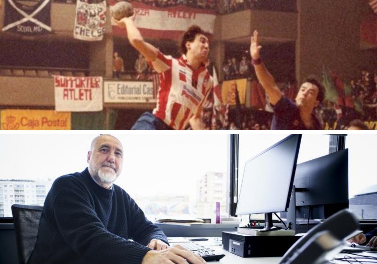 Chechu, jugando al balonmano en el Atlético. Y abajo, frente a su ordenador y sus estadísticas
