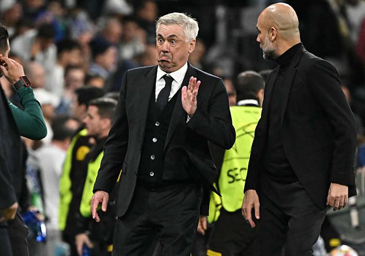 Carlo Ancelotti y Pep Guardiola, durante el Real Madrid-Manchester City