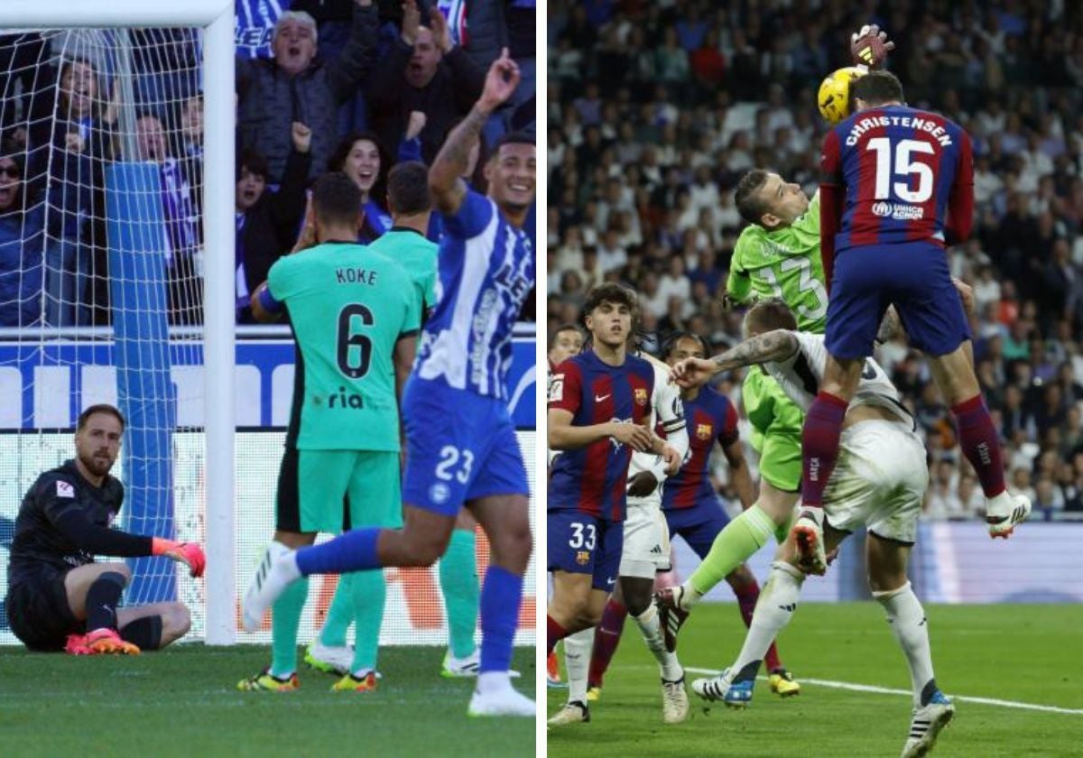 Oblak, en el suelo tras encajar un gol; Lunin falla en el salto para el 0-1 del Barça